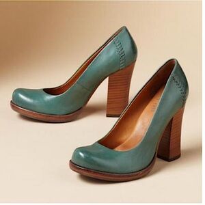 Kork-Ease Simone Pumps Green Leather High Heel Block Slip On Heels 8.5